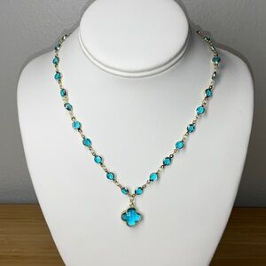 Topaz Blue Cubic Zirconia Clover Pendant Necklace - Gold Fill